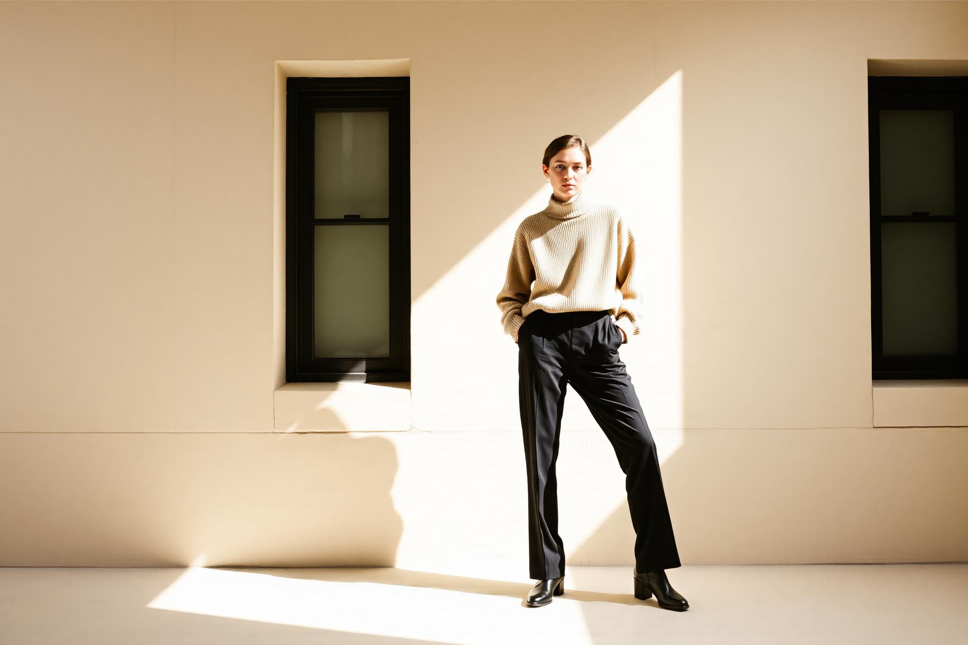 Model wearing STUDIO WEAR essentials — beige ribbed sweater and tailored black trousers in warm natural light.